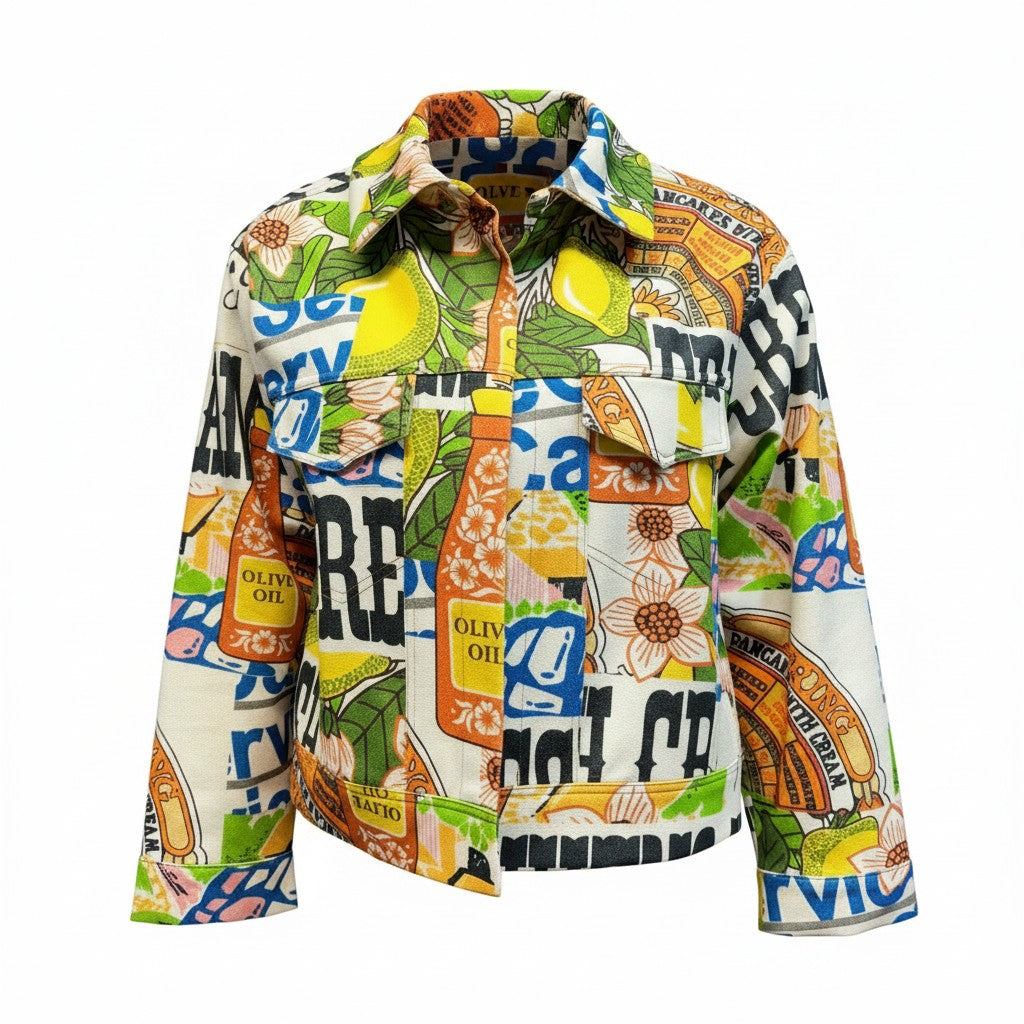 Colorful jacket with graphic design on a white background