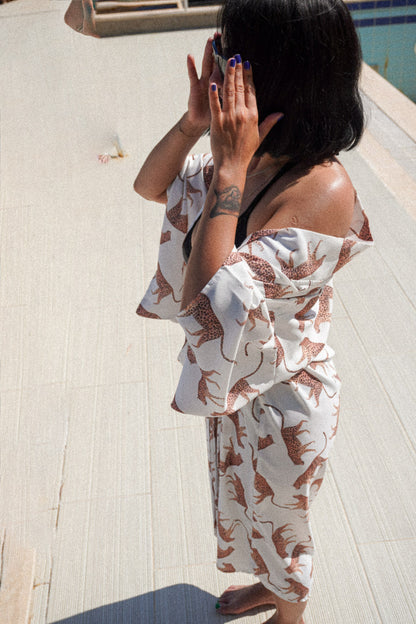 Wild Leopard Pamuk Saten Uzun Kimono