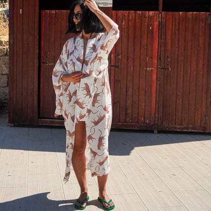 Wild Leopard Pamuk Saten Uzun Kimono