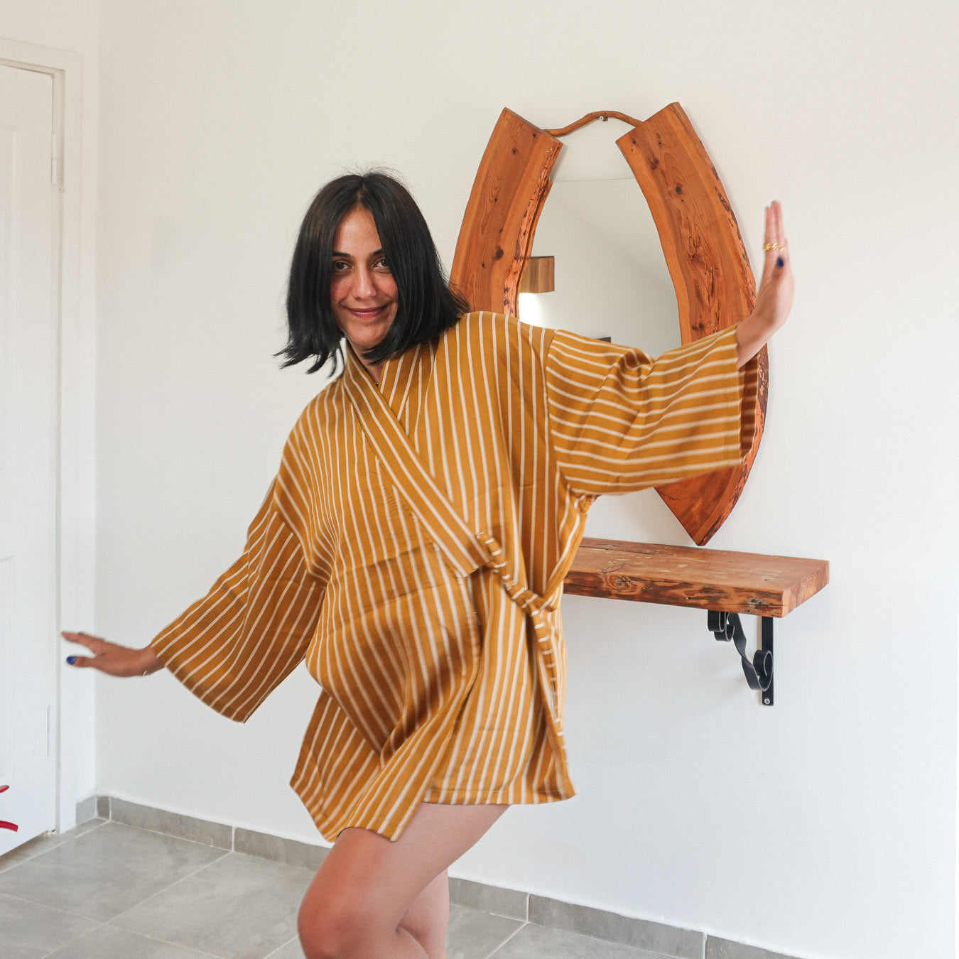 "Siena" Çizgili Pamuk Kimono Elbise