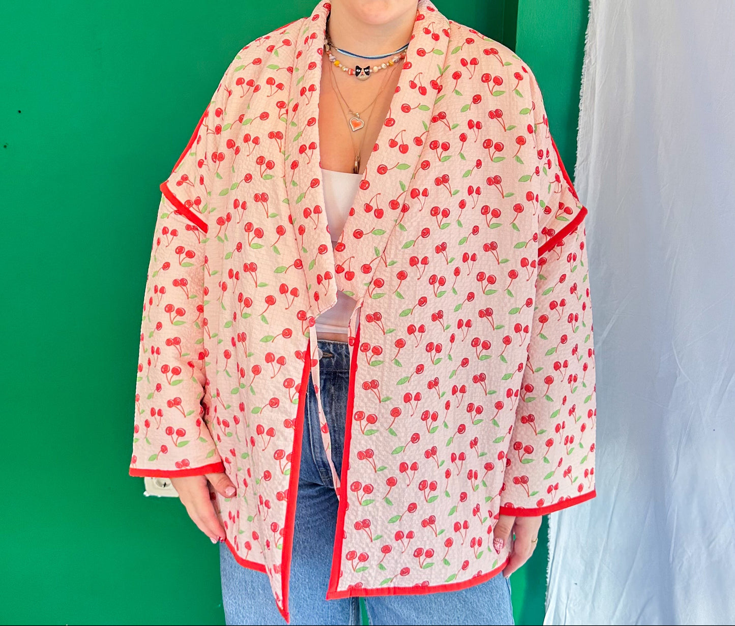 luna kirazli müslin kimono ceket yumusak doku ve butik üretim