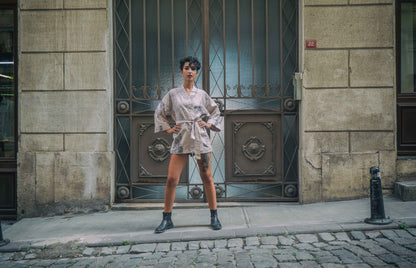 Sakura Kimono – Krem Çiçek Desenli