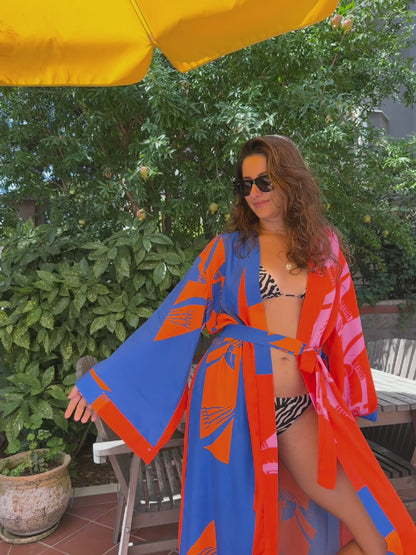 Electric Summer – Kırmızı, Pembe & Turuncu Renk Bloklu Uzun Kimono